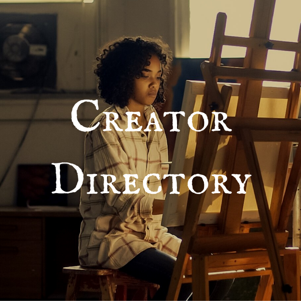 The words "Creator Directory" over a darkened image of a young Black woman painting at an easel.